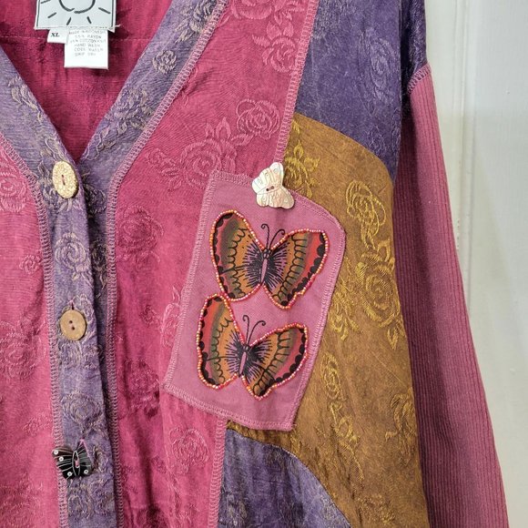 Art to Wear Beaded Butterfly Patchwork Lagen Look Button Front Top - Picture 3 of 7